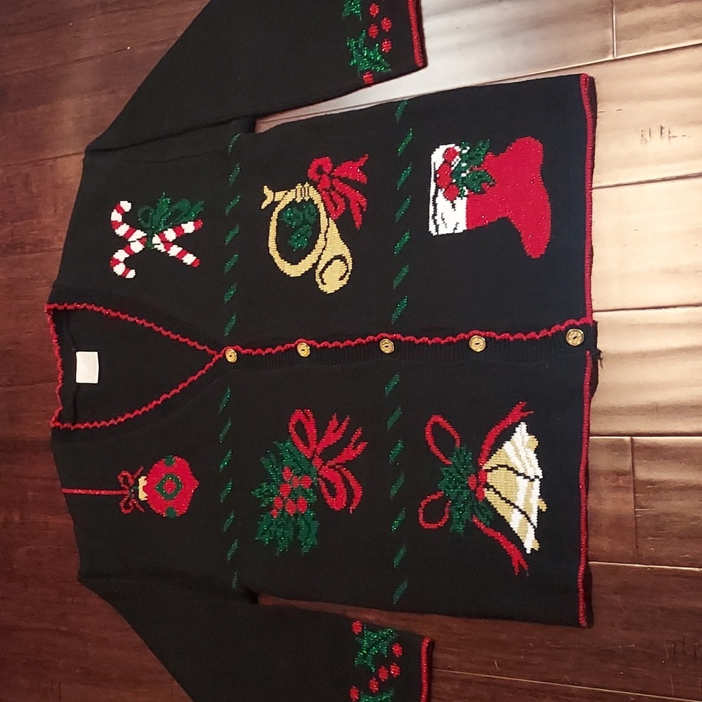 Style Studio Black Red Metallic Gold Button Up Christmas Sweater Size L